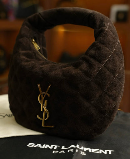 YSL Kapitone Süet Hobo Çanta – Kahverengi