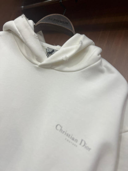Dior Beyaz Minimal Logo Nakışlı Kapüşonlu Sweatshirt (Premium Oversize Hoodie)
